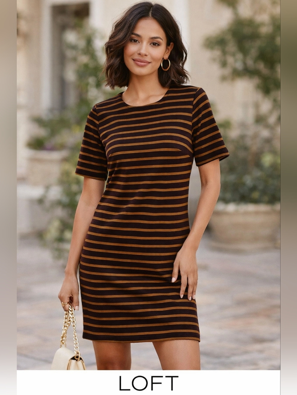 LOFT Ribbed Striped Dress Above Knee Chic Everyday Minimal Size S